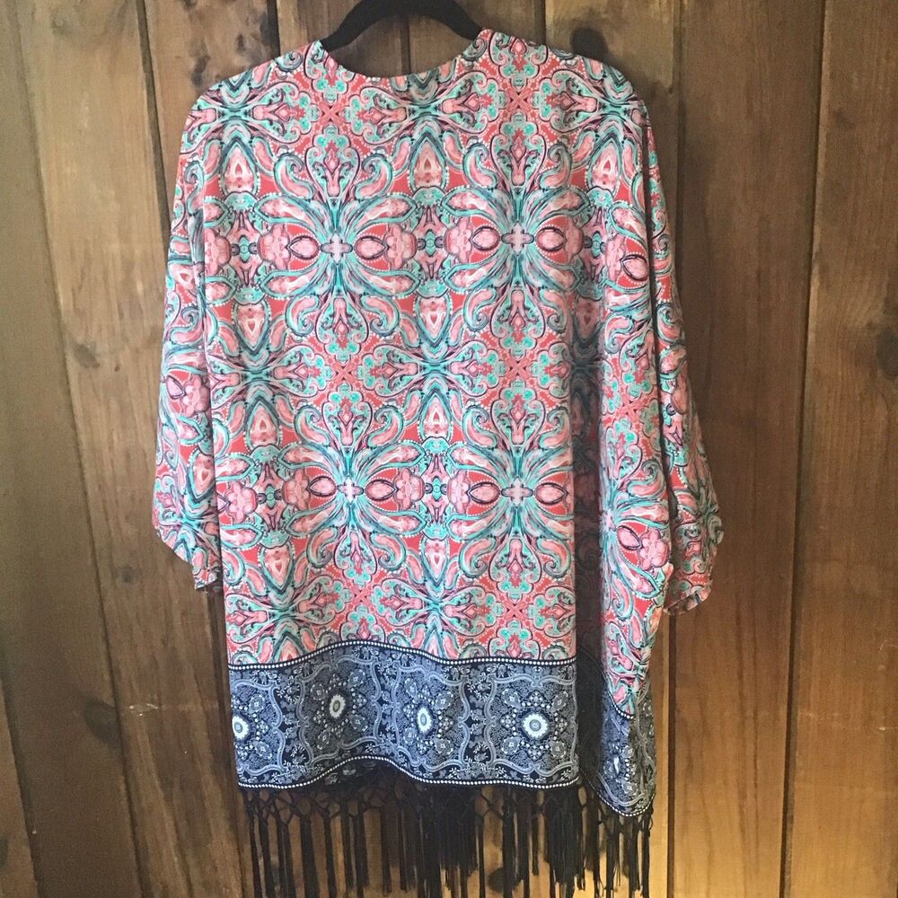 Ruby Rd. Kimono Cover Up Robe Size XL Red Floral Fringe - Picture 5 of 7